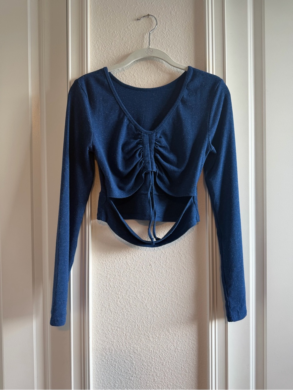 Earthbound Trading Co Blue Ruched Cutout Long Sleeve Crop Top Y2K Boho M